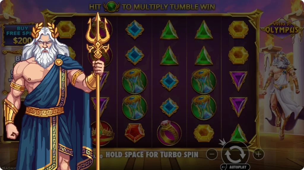 Skärmbild från Gates of Olympus demo med Zeus i förgrunden
